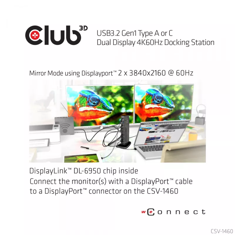CLUB3D USB3.2 Gen1 Type-A tai C Dual Display 4K60Hz -telakointiasema DisplayLink®-sertifioitu