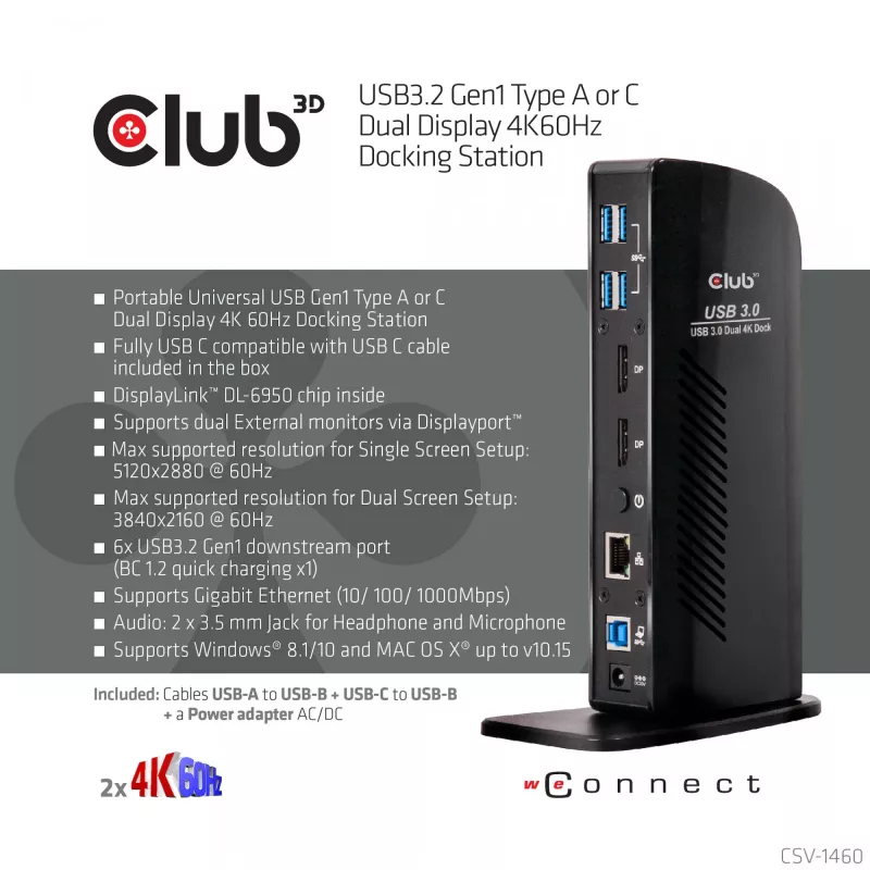 CLUB3D USB3.2 Gen1 Type-A tai C Dual Display 4K60Hz -telakointiasema DisplayLink®-sertifioitu