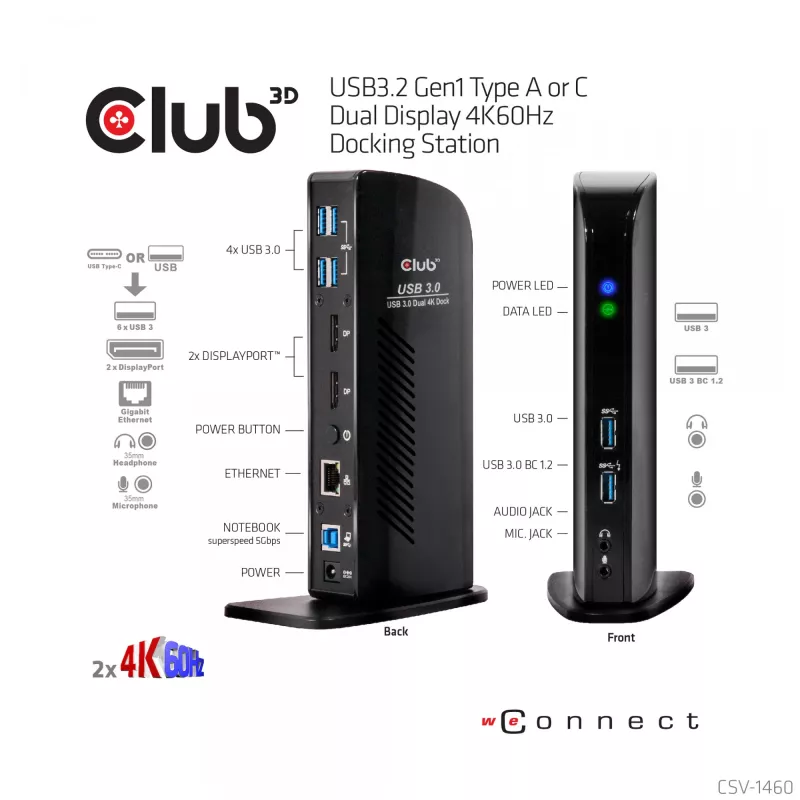 CLUB3D USB3.2 Gen1 Type-A tai C Dual Display 4K60Hz -telakointiasema DisplayLink®-sertifioitu