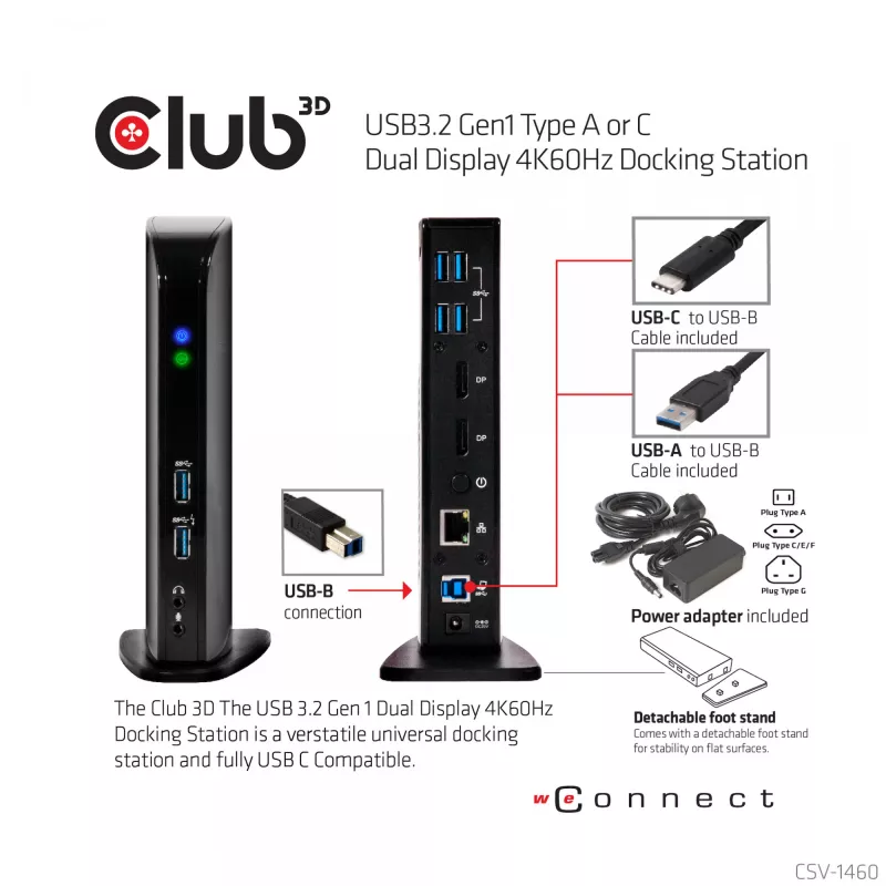 CLUB3D USB3.2 Gen1 Type-A tai C Dual Display 4K60Hz -telakointiasema DisplayLink®-sertifioitu
