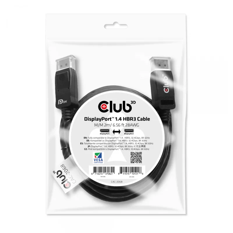 Club 3D CAC-2068 DisplayPort 1.4 -kaapeli, HBR3, 32,4 Gbps, 8K60Hz, uros/uros, 2 m, musta