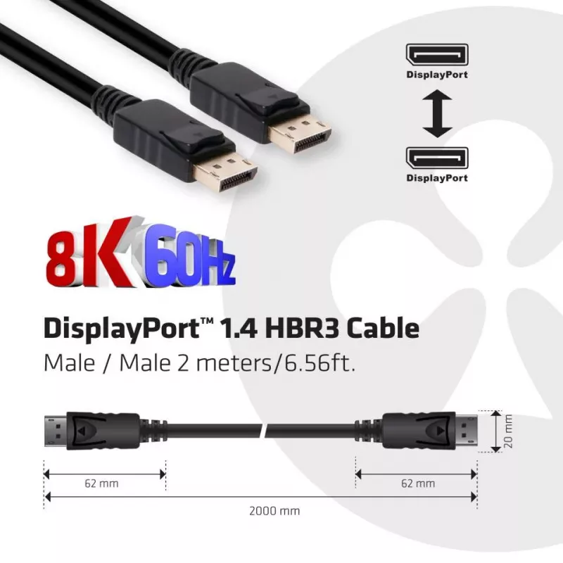 Club 3D CAC-2068 DisplayPort 1.4 -kaapeli, HBR3, 32,4 Gbps, 8K60Hz, uros/uros, 2 m, musta