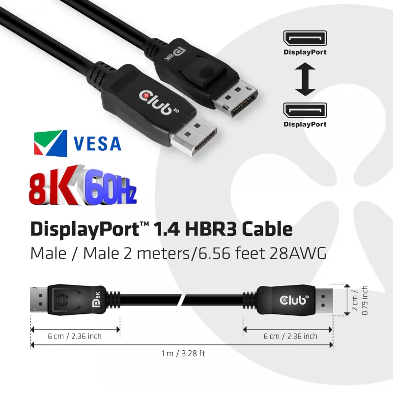 Club 3D CAC-2068 DisplayPort 1.4 -kaapeli, HBR3, 32,4 Gbps, 8K60Hz, uros/uros, 2 m, musta