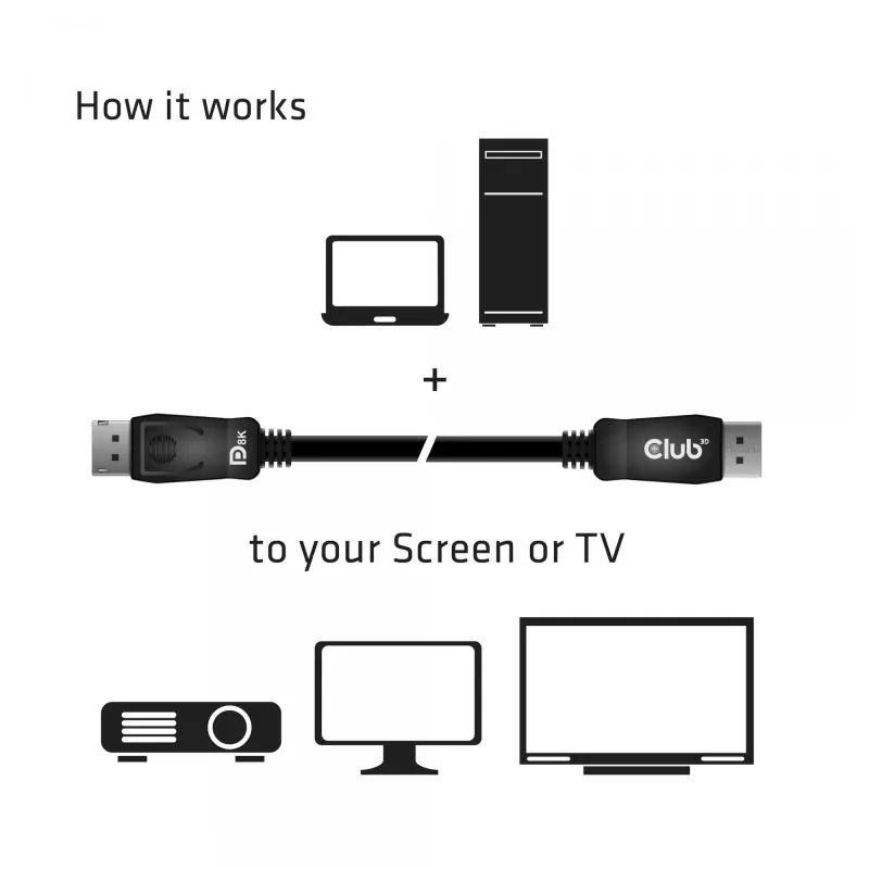Club 3D CAC-2068 DisplayPort 1.4 -kaapeli, HBR3, 32,4 Gbps, 8K60Hz, uros/uros, 2 m, musta
