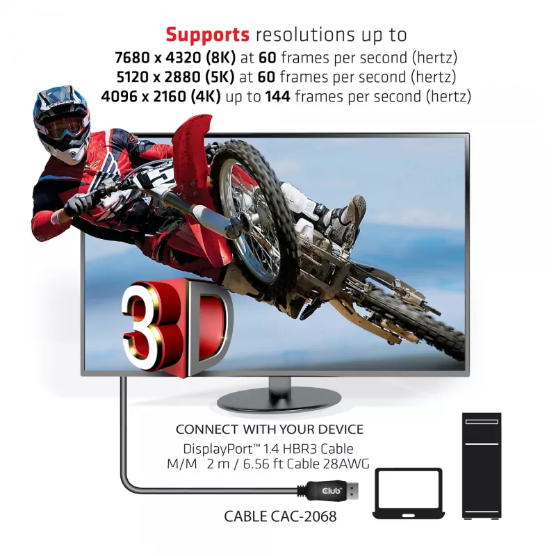 Club 3D CAC-2068 DisplayPort 1.4 -kaapeli, HBR3, 32,4 Gbps, 8K60Hz, uros/uros, 2 m, musta