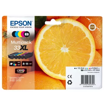 Epson Oranges monipakkaus 5 väriä 33XL Claria Premium -muste, suuri (XL) riitto, musta, fotomusta, syaani, magenta, keltainen, pigmenttipohjainen muste, väriainepohjainen muste, 12.2 ml, 8.9 ml