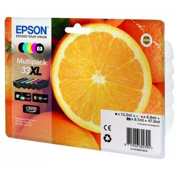 Epson Oranges monipakkaus 5 väriä 33XL Claria Premium -muste, suuri (XL) riitto, musta, fotomusta, syaani, magenta, keltainen, pigmenttipohjainen muste, väriainepohjainen muste, 12.2 ml, 8.9 ml