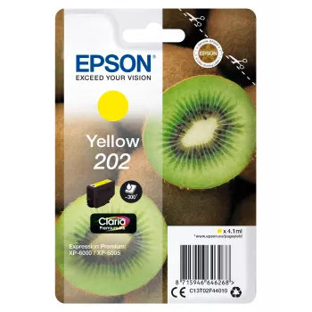 Epson Kiwi yksittäispakkaus keltainen 202 Claria Premium Ink, vakiiriitto, keltainen, pigmenttipohjainen muste, 4,1 ml, 1 kpl, 300 sivua
