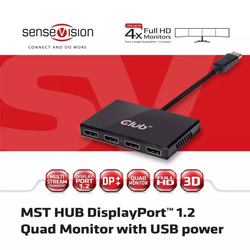 CLUB3D Multi Stream Transport -keskitin DisplayPort 1.2 neljän näytön USB-virralla