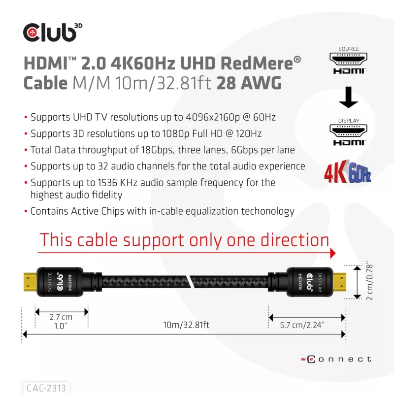 CLUB3D HDMI 2.0 4K60Hz RedMere -kaapeli 10 m/32,8ft
