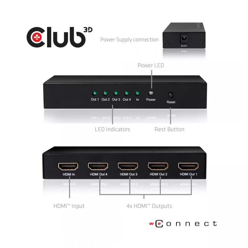 CLUB3D HDMI™ 4K@60Hz UHD -jakaja AC-virralla 4 porttia