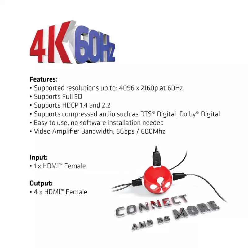CLUB3D HDMI™ 4K@60Hz UHD -jakaja AC-virralla 4 porttia