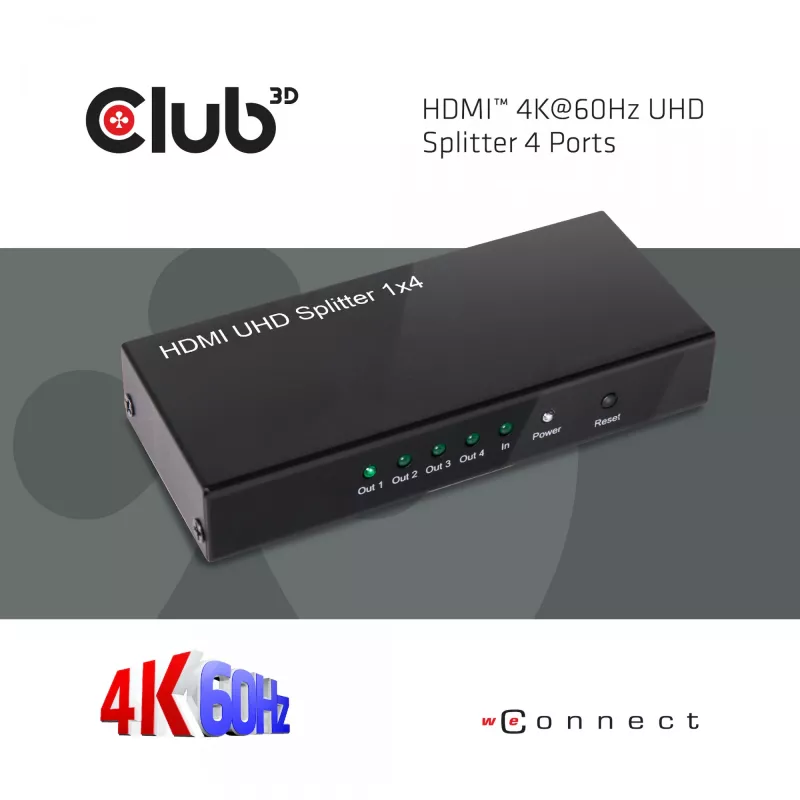 CLUB3D HDMI™ 4K@60Hz UHD -jakaja AC-virralla 4 porttia