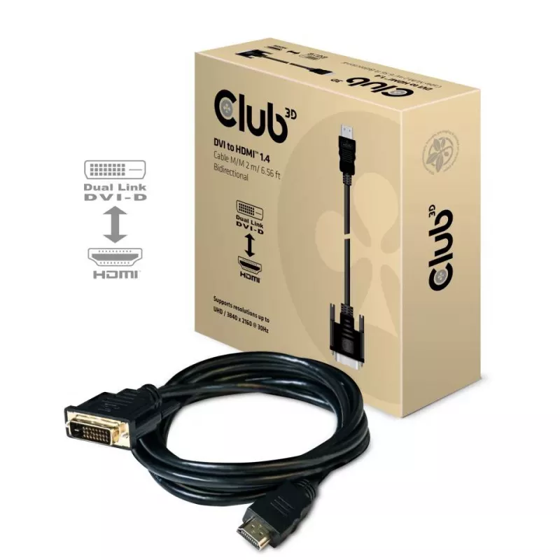 Club 3D CAC-1210 DVI-D–HDMI 1.4 -kaapeli, Dual Link, kaksisuuntainen, 4K, uros/uros, 2 m, musta