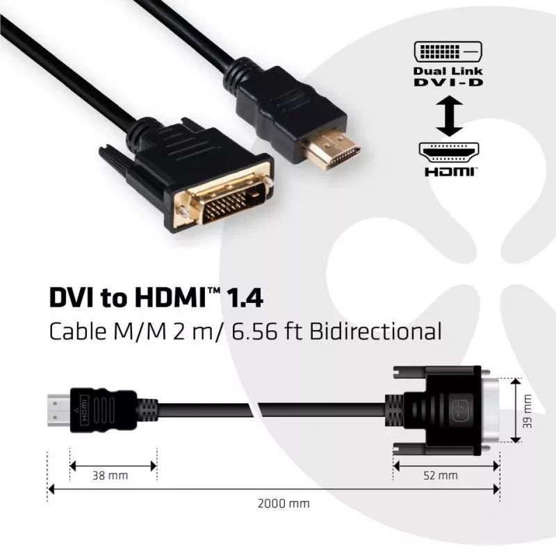 Club 3D CAC-1210 DVI-D–HDMI 1.4 -kaapeli, Dual Link, kaksisuuntainen, 4K, uros/uros, 2 m, musta