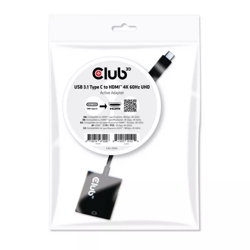 USB 3.1 Type-C – HDMI 2.0 UHD 4K 60Hz aktiivinen sovitin CLUB3D CAC-2504