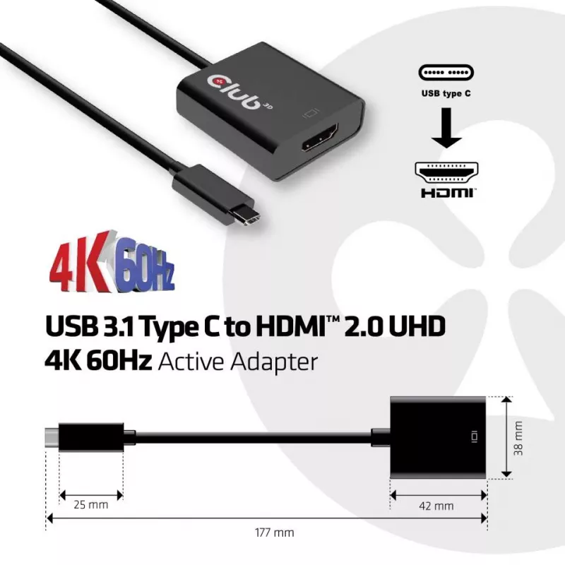 USB 3.1 Type-C – HDMI 2.0 UHD 4K 60Hz aktiivinen sovitin CLUB3D CAC-2504