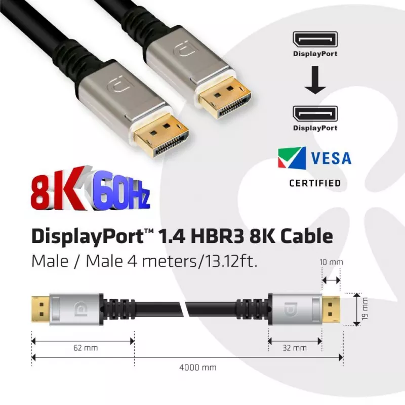 Club 3D CAC-1069 DisplayPort 1.4 HBR3 -kaapeli, 8K 60 Hz, 32,4 Gbit/s, DSC, HDR, VESA-sertifioitu, uros/uros, 4 m, musta