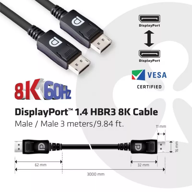 CLUB3D DisplayPort 1.4 HBR3 8K 28AWG -kaapeli M/M 3 m / 9,84 ft