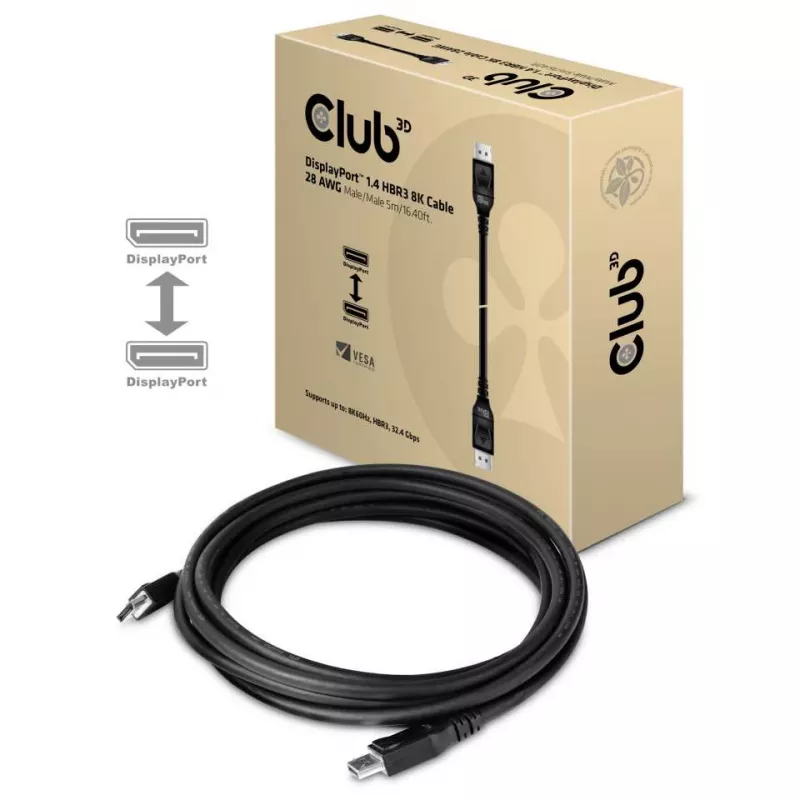 Club 3D CAC-1061 DisplayPort 1.4 HBR3 -kaapeli, 8K 60 Hz, 32,4 Gbit/s, DSC 1.2, VESA-sertifioitu, lukittavilla liittimillä, uros/uros, 5 m, musta