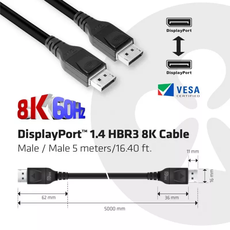 Club 3D CAC-1061 DisplayPort 1.4 HBR3 -kaapeli, 8K 60 Hz, 32,4 Gbit/s, DSC 1.2, VESA-sertifioitu, lukittavilla liittimillä, uros/uros, 5 m, musta