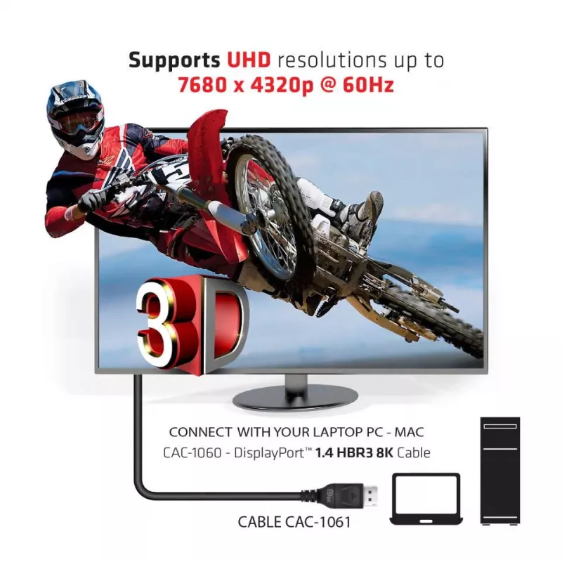 Club 3D CAC-1061 DisplayPort 1.4 HBR3 -kaapeli, 8K 60 Hz, 32,4 Gbit/s, DSC 1.2, VESA-sertifioitu, lukittavilla liittimillä, uros/uros, 5 m, musta