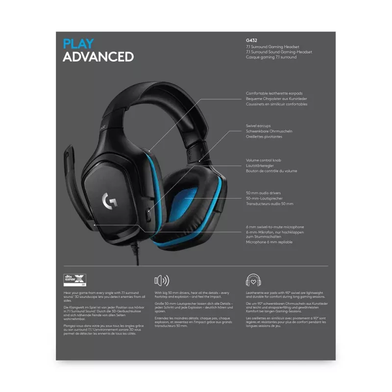 LOGITECH G432 - USB / 3.5mm - pelikuuloke - 7.1 Surround - sininen