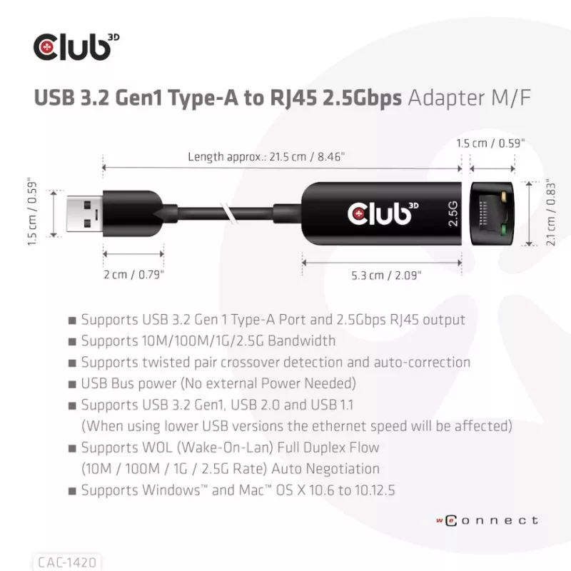 CLUB3D USB 3.2 Gen1 Type-A - RJ45 2.5Gbps -adapteri