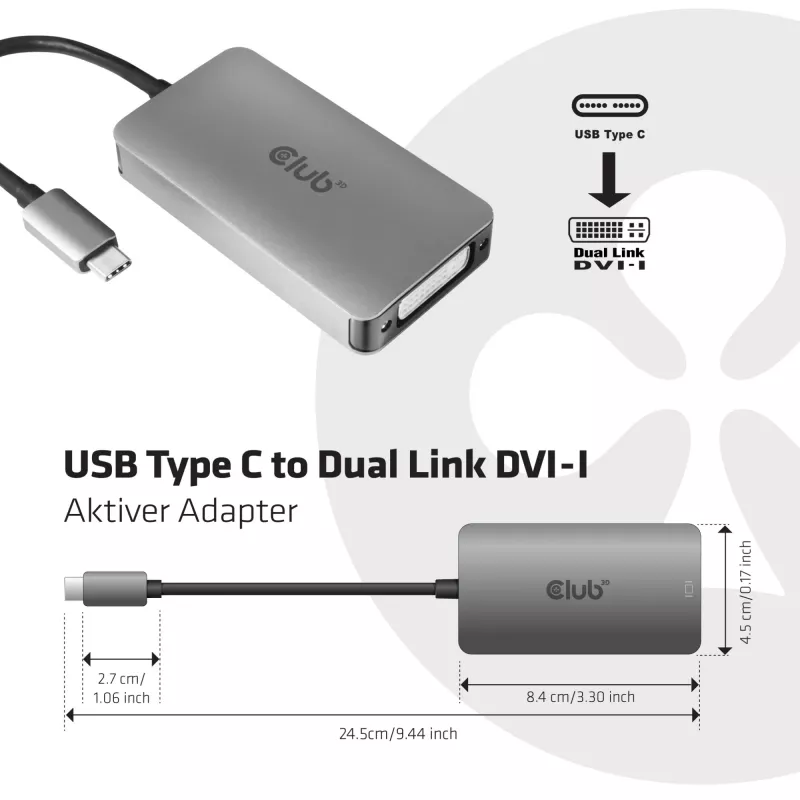 CLUB3D USB3.2 Gen1 Type-C - Dual Link DVI-D HDCP ON Version aktiivinen adapteri M/F