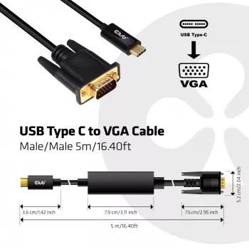 USB Type-C - VGA aktiivinen kaapeli M/M CLUB3D CAC-1512 5 m