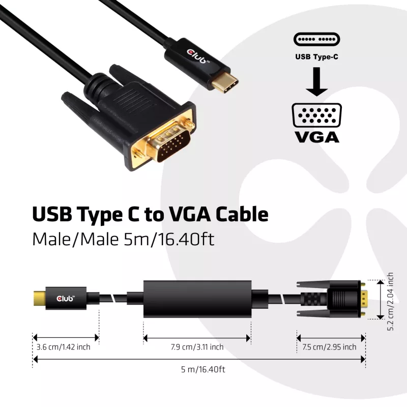 USB Type-C - VGA aktiivinen kaapeli M/M CLUB3D CAC-1512 5 m