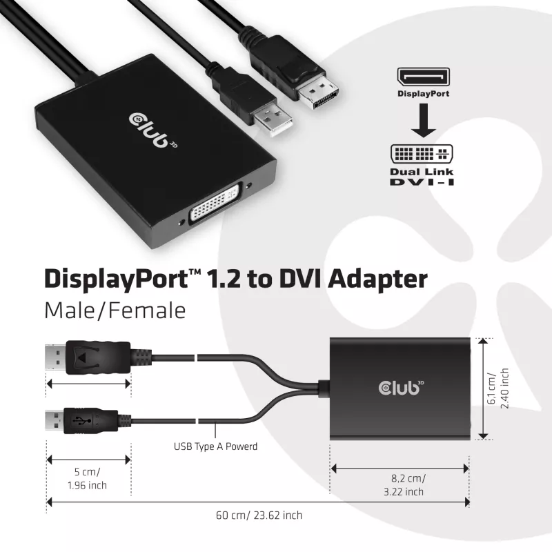 CLUB3D DisplayPort - Dual Link DVI-D HDCP ON versio aktiivinen sovitin M/F