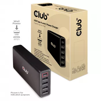 CLUB3D USB Type-A ja C -laturi, 5 porttia jopa 111 W