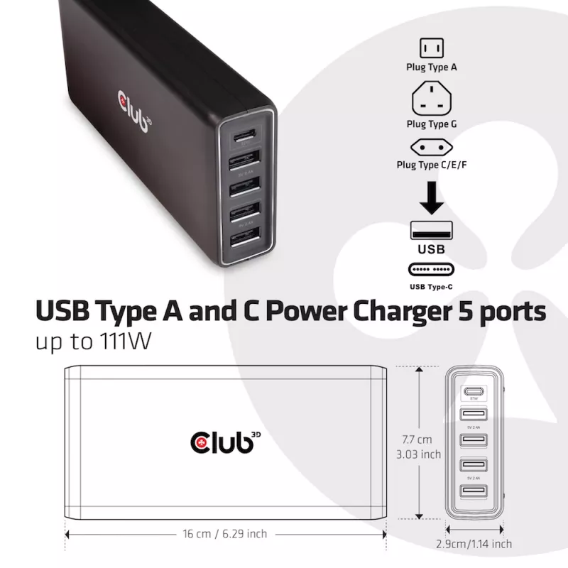 CLUB3D USB Type-A ja C -laturi, 5 porttia jopa 111 W