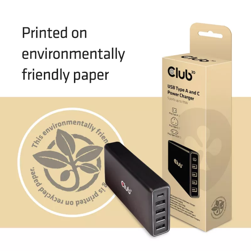 CLUB3D USB Type-A ja C -laturi, 5 porttia jopa 111 W