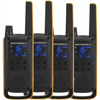 Kaksisuuntainen radiopuhelin Motorola Talkabout T82 Extreme Quad Pack — 4× PMR-käsilaitetta, 16 kanavaa, IPX4, 500 mW, NiMH ladattava, Micro-USB