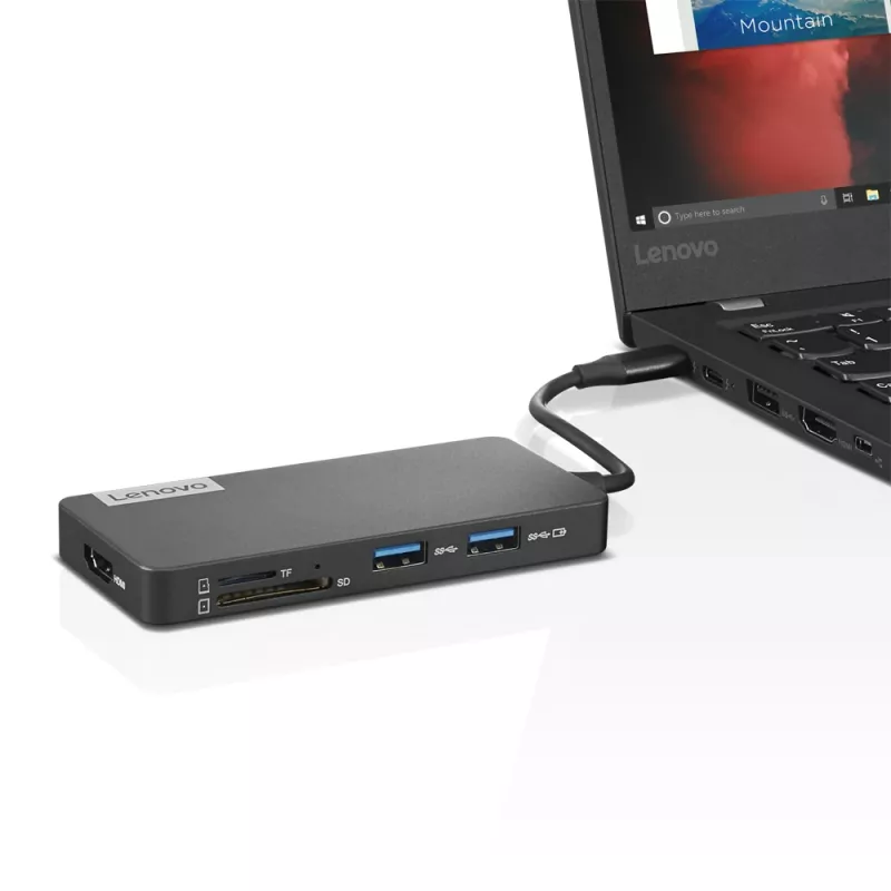 Lenovo GX90T77924 telakointiasema — USB-C-keskitin HDMI 1.4, 2×USB-A 3.2 Gen1, USB-2.0, microSD-kortinlukija, harmaa
