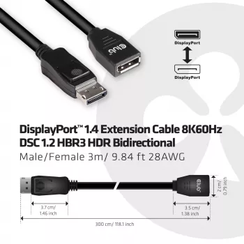 Club 3D CAC-1023 DisplayPort 1.4 jatkokaapeli M/F, 8K, 3 m (9,84 ft), musta