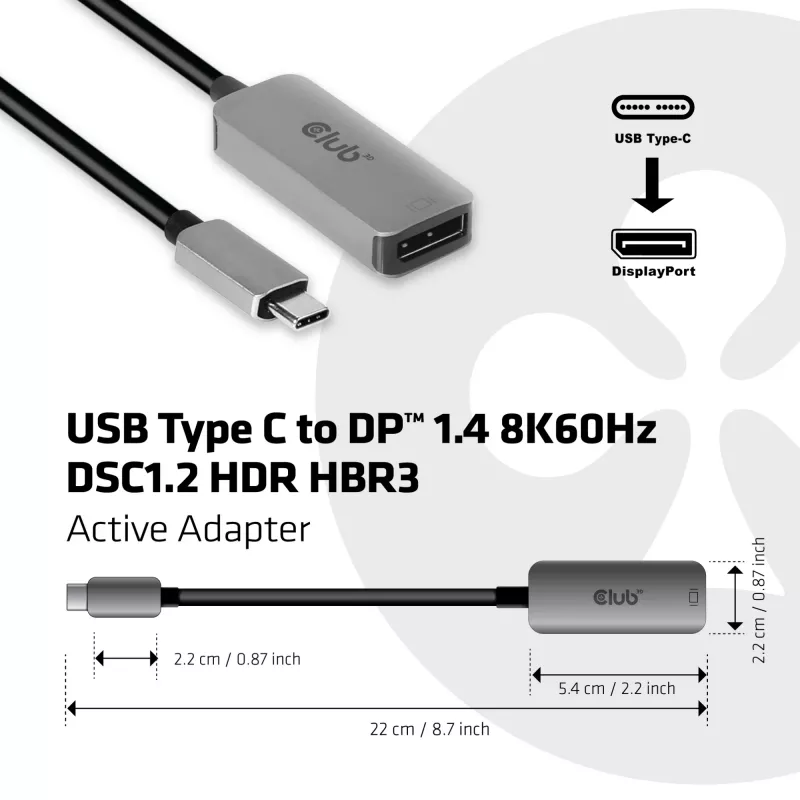 CLUB3D USB Type C - DisplayPort 1.4 8K60Hz HBR3 aktiivisovitin