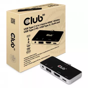 CLUB3D USB Type C 4-in-1 -keskitin HDMI™ 4K60Hz USB Type C PD / USB Type A / ääniliitäntä