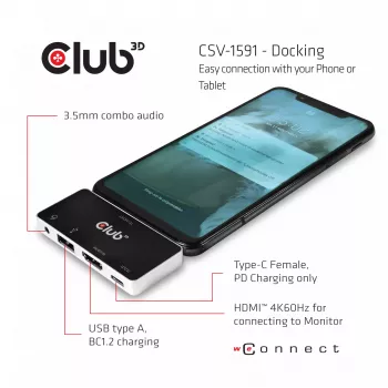 CLUB3D USB Type C 4-in-1 -keskitin HDMI™ 4K60Hz USB Type C PD / USB Type A / ääniliitäntä