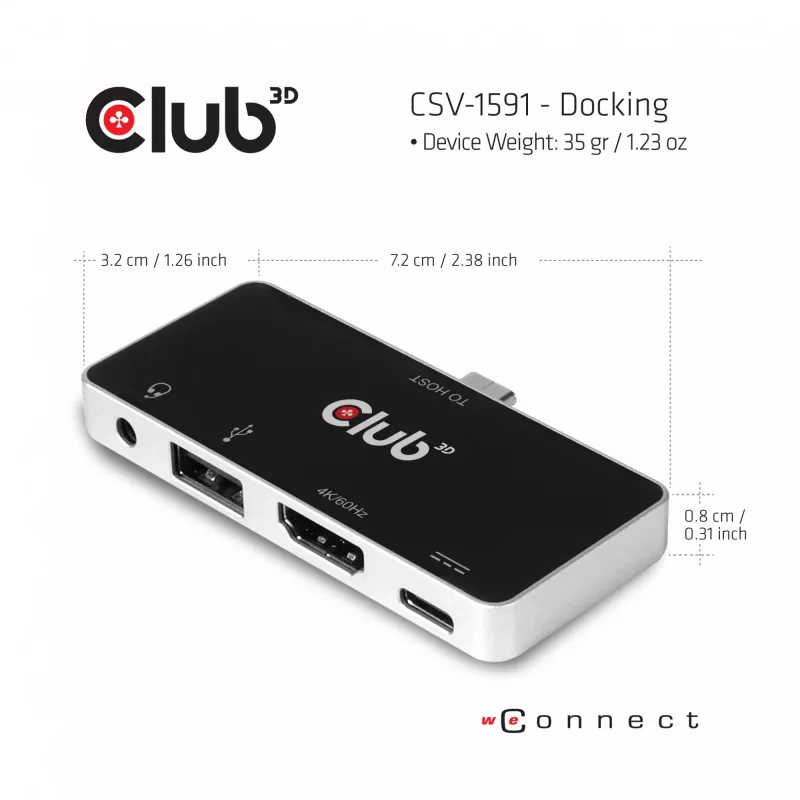 CLUB3D USB Type C 4-in-1 -keskitin HDMI™ 4K60Hz USB Type C PD / USB Type A / ääniliitäntä