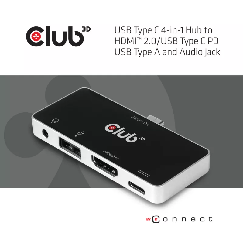 CLUB3D USB Type C 4-in-1 -keskitin HDMI™ 4K60Hz USB Type C PD / USB Type A / ääniliitäntä