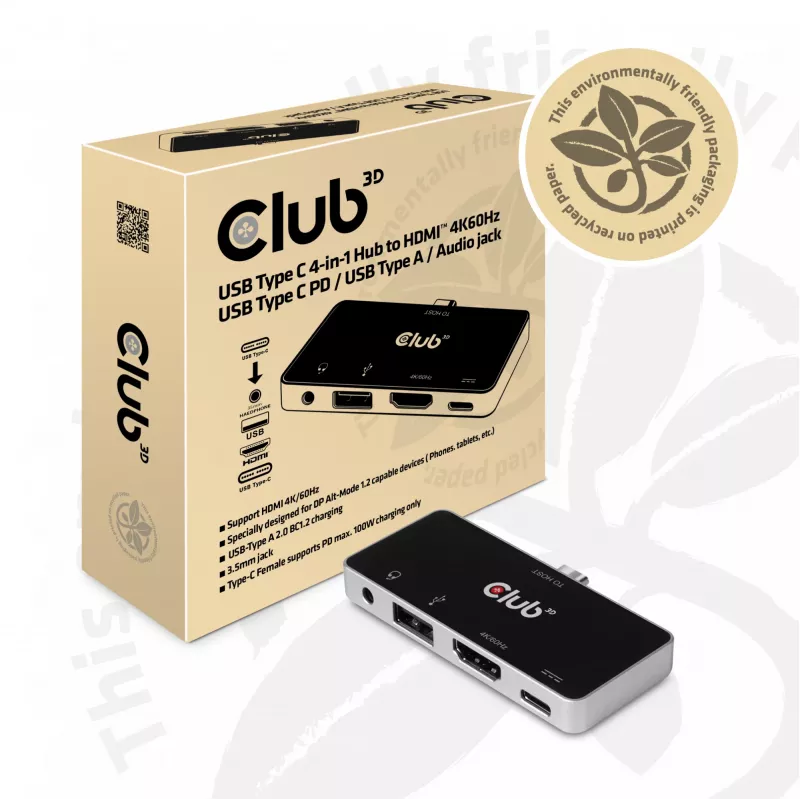 CLUB3D USB Type C 4-in-1 -keskitin HDMI™ 4K60Hz USB Type C PD / USB Type A / ääniliitäntä
