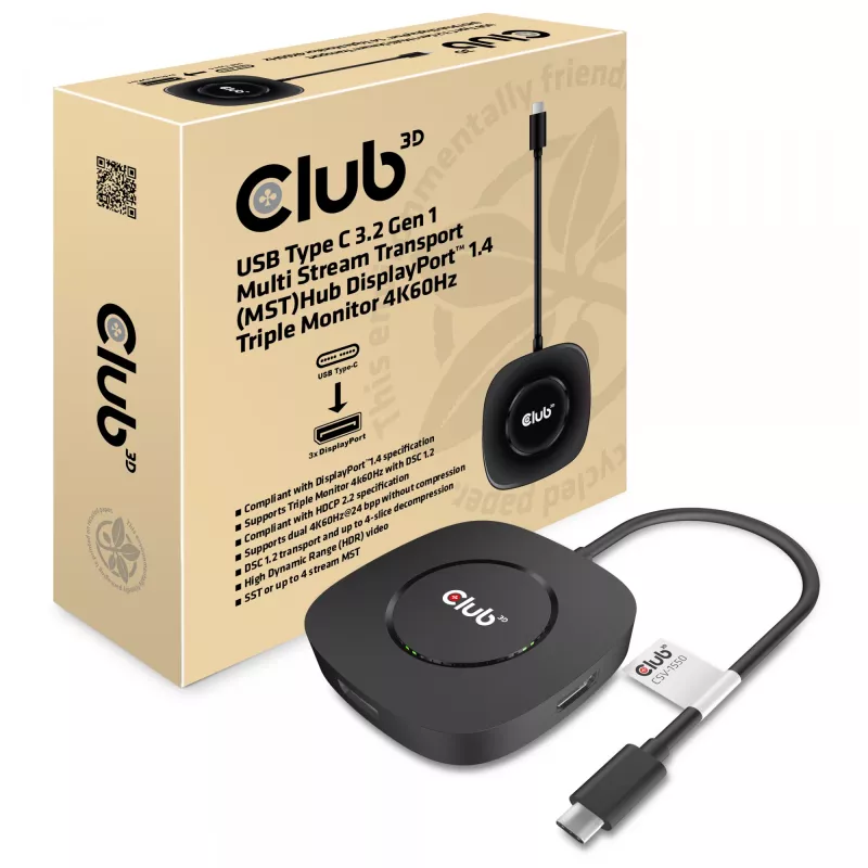 CLUB3D USB Type C 3.2 Gen 1 Multi Stream Transport (MST) -keskitin DisplayPort 1.4 kolmen näytön