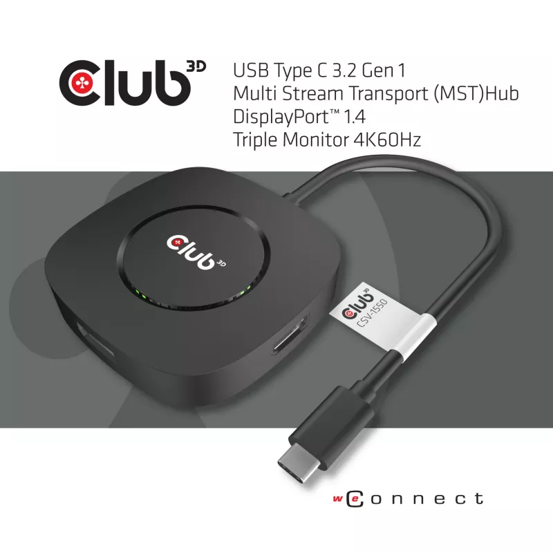 CLUB3D USB Type C 3.2 Gen 1 Multi Stream Transport (MST) -keskitin DisplayPort 1.4 kolmen näytön