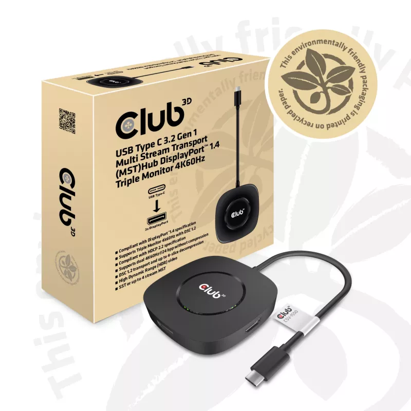 CLUB3D USB Type C 3.2 Gen 1 Multi Stream Transport (MST) -keskitin DisplayPort 1.4 kolmen näytön