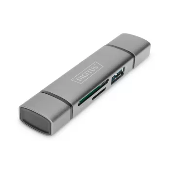 DIGITUS Combo -kortinlukija-keskitin (USB-C+USB 3.0) 1x SD, 1x MicroSD, 1x USB 3.0, harmaa