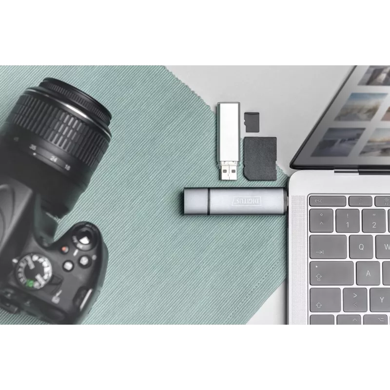 DIGITUS Combo -kortinlukija-keskitin (USB-C+USB 3.0) 1x SD, 1x MicroSD, 1x USB 3.0, harmaa