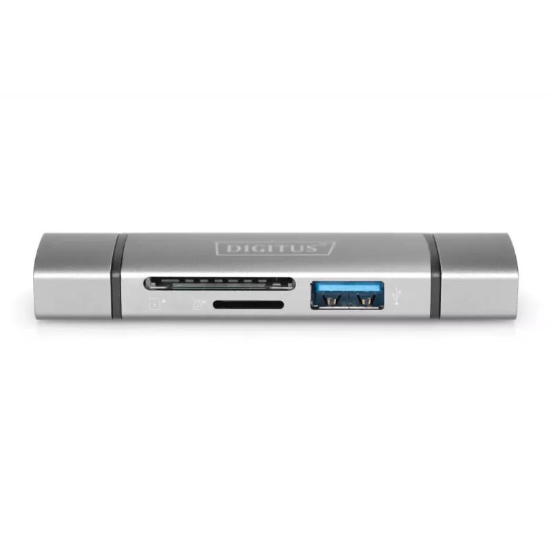 DIGITUS Combo -kortinlukija-keskitin (USB-C+USB 3.0) 1x SD, 1x MicroSD, 1x USB 3.0, harmaa